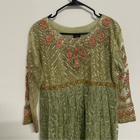 Sage Green and Gold Three-Piece Salwar Kameez | Floral Embroidered  Size Large - Picture 5 of 11